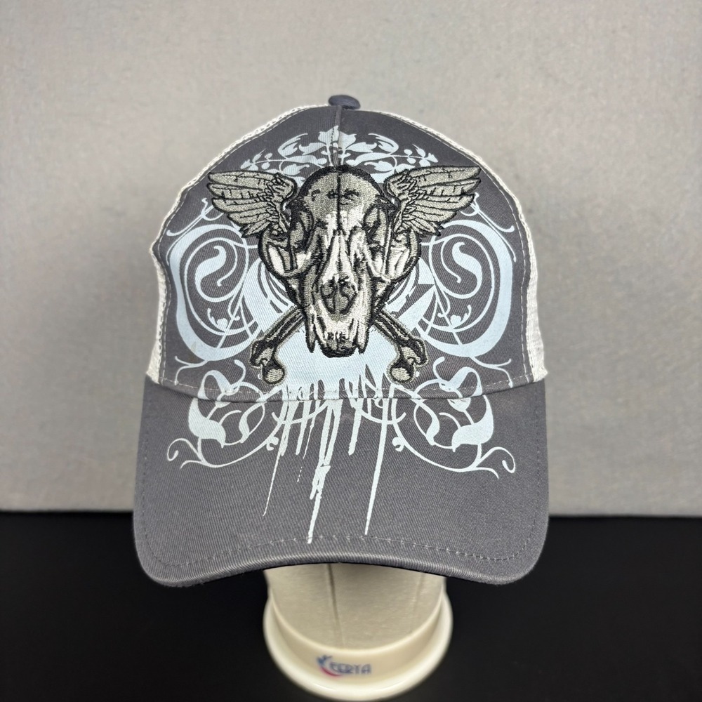 Y2K Affliction Style Trucker Hat Gray Winged Skull Crossbones Cap Grunge Alt